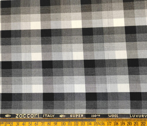 Zaccari Men's Wool Checks Super 110's 1.30 Meter Unstitched Suiting Fabric (White)