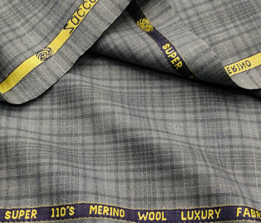 Zaccari Men's Wool Checks Super 110's 2 Meter Unstitched Suiting Fabric (Light Grey)