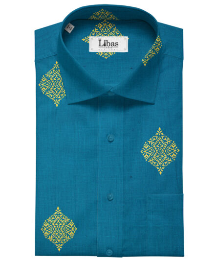Solino Men's Linen Printed 2.25Meter Unstitched Shirting Fabric (Dark Firozi Blue)