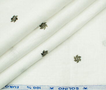 Solino Men's Linen Embroidered 2.25Meter Unstitched Shirting Fabric (White)