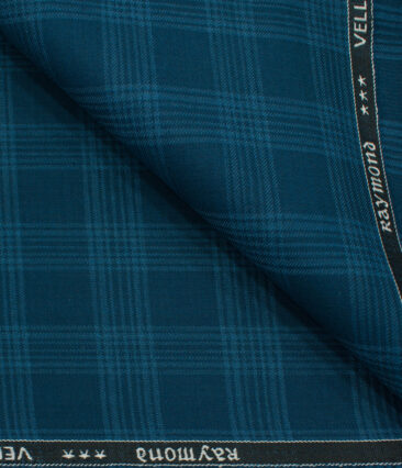 Raymond Men's Polyester Viscose Checks  Unstitched Suiting Fabric (Firozi Blue)