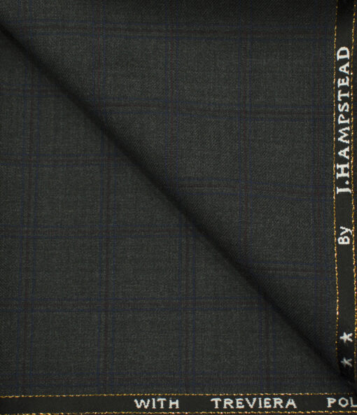J.Hampstead Men's Wool Checks Super 100's1.30 Meter Unstitched Trouser Fabric (Dark Grey)