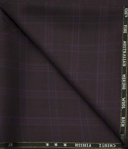 J.Hampstead Men's Wool Checks Super 120's 1.30 Meter Unstitched Trouser Fabric (Dark Wine)