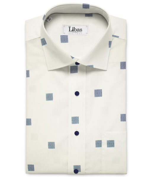 Bombay Rayon Men's Cotton Printed 2 Meter Unstitched Shirting Fabric (White & Blue)