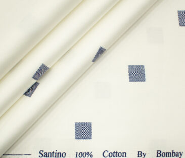 Bombay Rayon Men's Cotton Printed 2 Meter Unstitched Shirting Fabric (White & Blue)