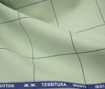 Tessitura Monti Men's Giza Cotton Checks 2 Meter Unstitched Shirting Fabric (Light Green & Blue)