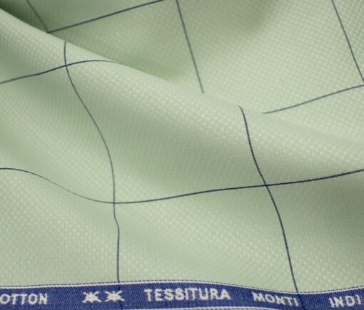 Tessitura Monti Men's Giza Cotton Checks 2 Meter Unstitched Shirting Fabric (Light Green & Blue)