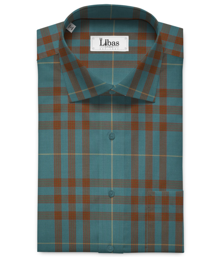 Soktas Men's Giza Cotton Checks 2 Meter Unstitched Shirting Fabric (Teal Blue)