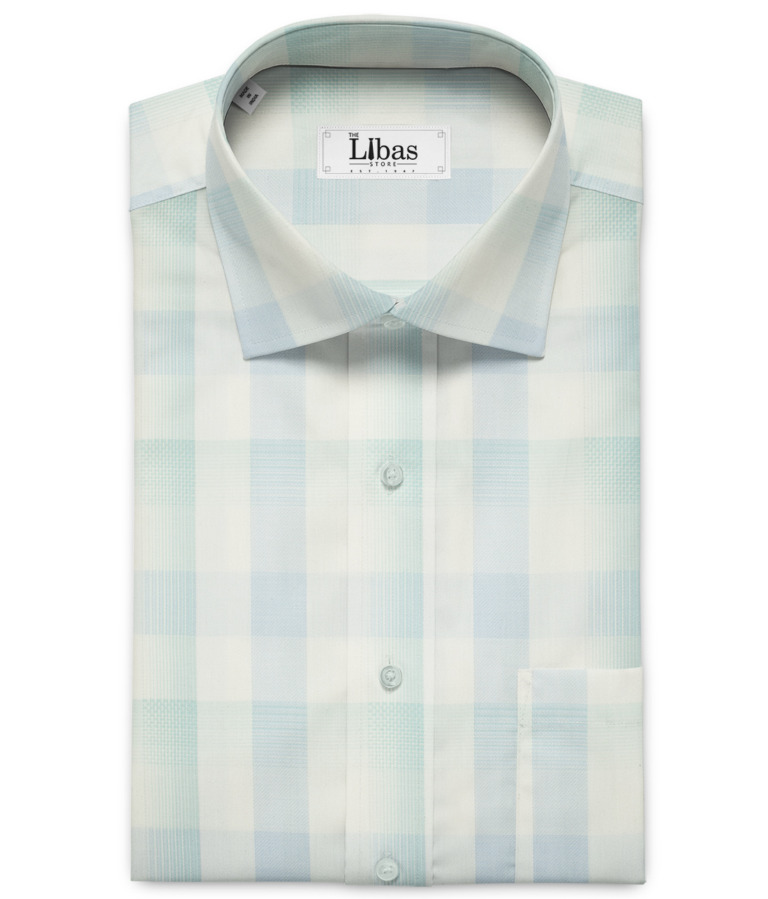 Soktas Men's Giza Cotton Checks 2 Meter Unstitched Shirting Fabric (White & Mint Green)