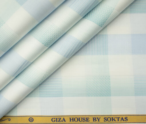 Soktas Men's Giza Cotton Checks 2 Meter Unstitched Shirting Fabric (White & Mint Green)