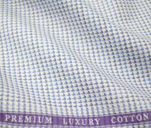 Soktas Men's Giza Cotton Structured 2 Meter Unstitched Shirting Fabric (White & Blue)