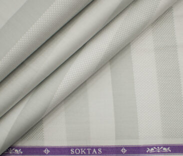 Soktas Men's Giza Cotton Striped 2 Meter Unstitched Shirting Fabric (White & Grey)