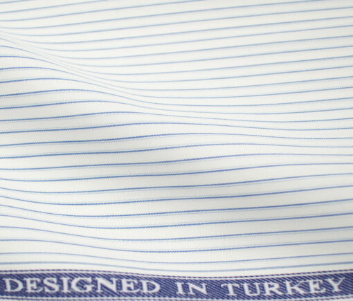 Soktas Men's Giza Cotton Striped 2 Meter Unstitched Shirting Fabric (White & Blue)