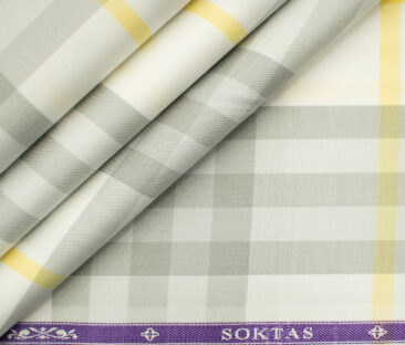Soktas Men's Giza Cotton Checks 2 Meter Unstitched Shirting Fabric (White & Grey)