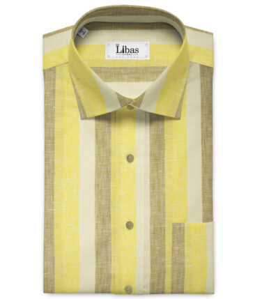 Burgoyne Men's Irish Linen 60 LEA Striped 2.25 Meter Unstitched Shirting Fabric (Milky White & Yellow)