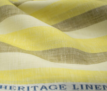 Burgoyne Men's Irish Linen 60 LEA Striped 2.25 Meter Unstitched Shirting Fabric (Milky White & Yellow)
