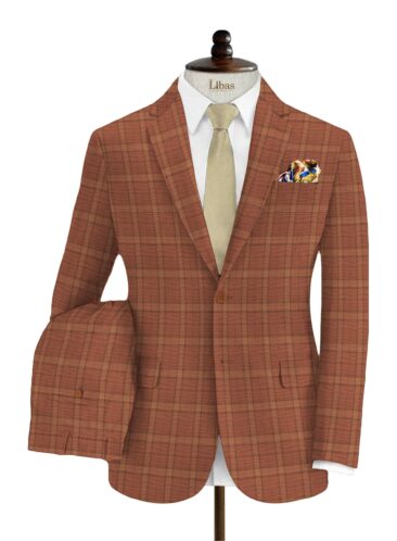 Cadini Men's Terry Rayon Checks 3.75 Meter Unstitched Suiting Fabric (Amber Orange)