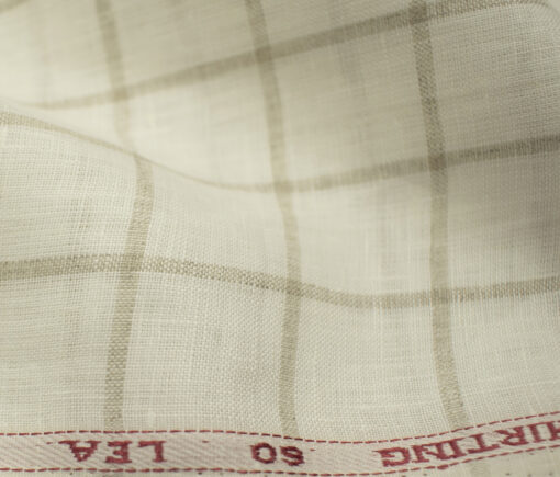 Solino Men's European Linen 60 LEA Checks 2.25 Meter Unstitched Shirting Fabric (Milky White & Brown)