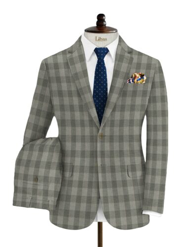 Vimal Men's Polyester Viscose Checks 3.75 Meter Unstitched Suiting Fabric (Light Grey)