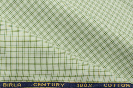 Birla Century Men's  Cotton Checks 2.25 Meter Unstitched Shirting Fabric (White & Green)