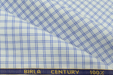 Birla Century Men's  Cotton Checks 2.25 Meter Unstitched Shirting Fabric (White & Blue)