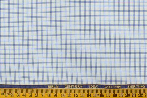 Birla Century Men's  Cotton Checks 2.25 Meter Unstitched Shirting Fabric (White & Blue)