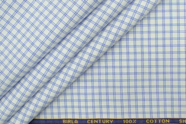 Birla Century Men's  Cotton Checks 2.25 Meter Unstitched Shirting Fabric (White & Blue)