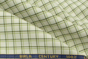 Birla Century Men's  Cotton Checks 2.25 Meter Unstitched Shirting Fabric (White & Green)
