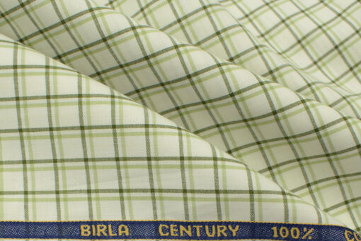 Birla Century Men's  Cotton Checks 2.25 Meter Unstitched Shirting Fabric (White & Green)