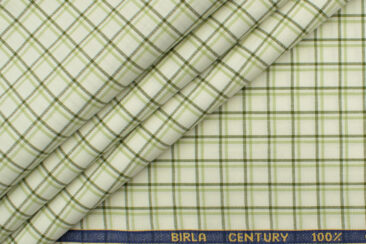 Birla Century Men's  Cotton Checks 2.25 Meter Unstitched Shirting Fabric (White & Green)