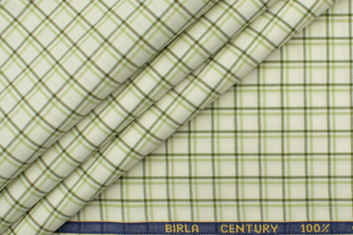 Birla Century Men's  Cotton Checks 2.25 Meter Unstitched Shirting Fabric (White & Green)