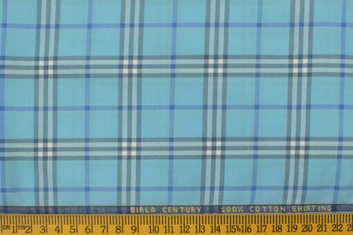 Birla Century Men's  Cotton Checks 2.25 Meter Unstitched Shirting Fabric (Arctic Blue)