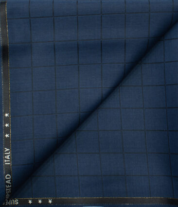 J.Hampstead Men's Wool Checks Super 120's 1.30 Meter Unstitched Trouser Fabric (Royal Blue)