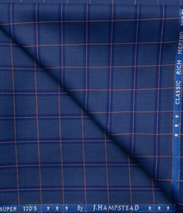 J.Hampstead Men's Wool Checks Super 120's 1.30 Meter Unstitched Trouser Fabric (Royal Blue)