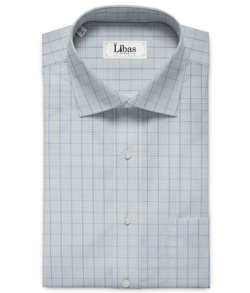 Raymond Men's Polyester Cotton Checks 2.25 Meter Unstitched Shirting Fabric (White & Blue)