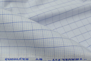 Raymond Men's Polyester Cotton Checks 2.25 Meter Unstitched Shirting Fabric (White & Blue)