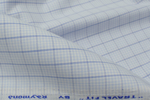 Raymond Men's Polyester Cotton Checks 2.25 Meter Unstitched Shirting Fabric (White & Blue)