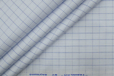 Raymond Men's Polyester Cotton Checks 2.25 Meter Unstitched Shirting Fabric (White & Blue)