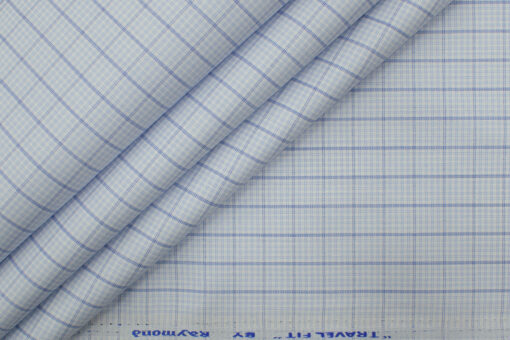 Raymond Men's Polyester Cotton Checks 2.25 Meter Unstitched Shirting Fabric (White & Blue)