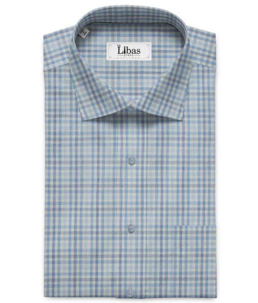Raymond Men's Polyester Cotton Checks 2.25 Meter Unstitched Shirting Fabric (White & Blue)