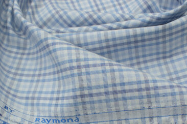 Raymond Men's Polyester Cotton Checks 2.25 Meter Unstitched Shirting Fabric (White & Blue)