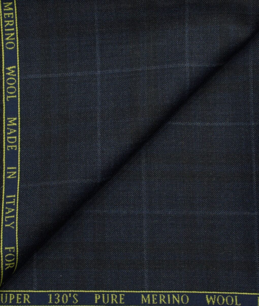 J.Hampstead Men's Wool Checks Super 130's1.30 Meter Unstitched Trouser Fabric (Dark Blue)