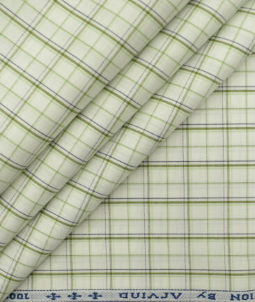Arvind Men's Pure Cotton Checks 2.25 Meter Unstitched Shirting Fabric (White & Olive Green)