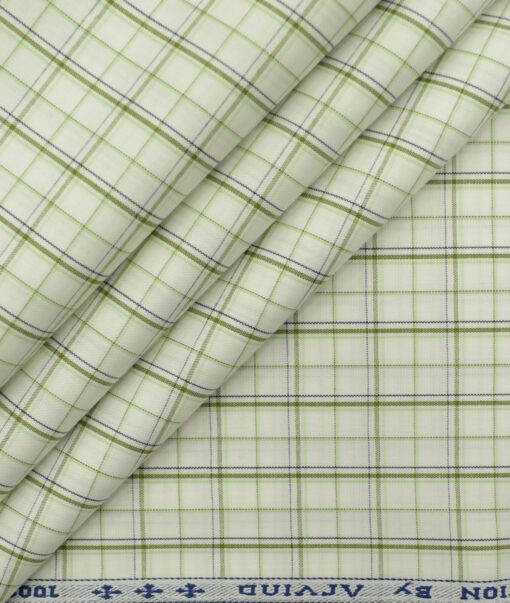 Arvind Men's Pure Cotton Checks 2.25 Meter Unstitched Shirting Fabric (White & Olive Green)