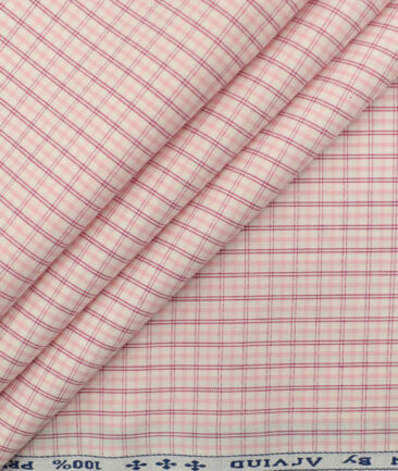 Arvind Men's Pure Cotton Checks 2.25 Meter Unstitched Shirting Fabric (White & Pink)