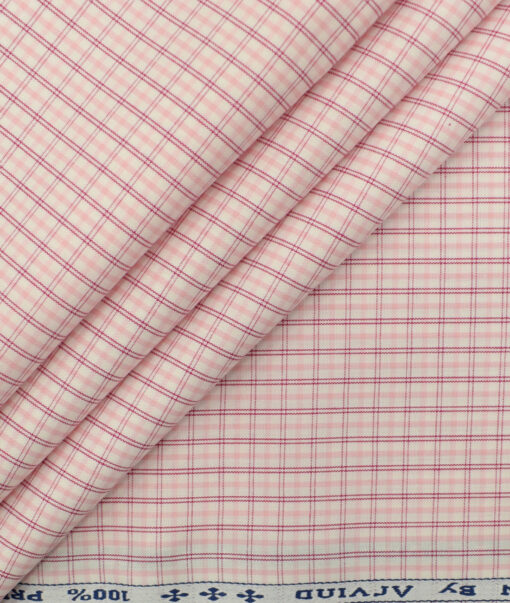Arvind Men's Pure Cotton Checks 2.25 Meter Unstitched Shirting Fabric (White & Pink)