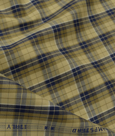 J.Hampstead Men's Giza Cotton Checks 2.25 Meter Unstitched Shirting Fabric (Beige & Blue)