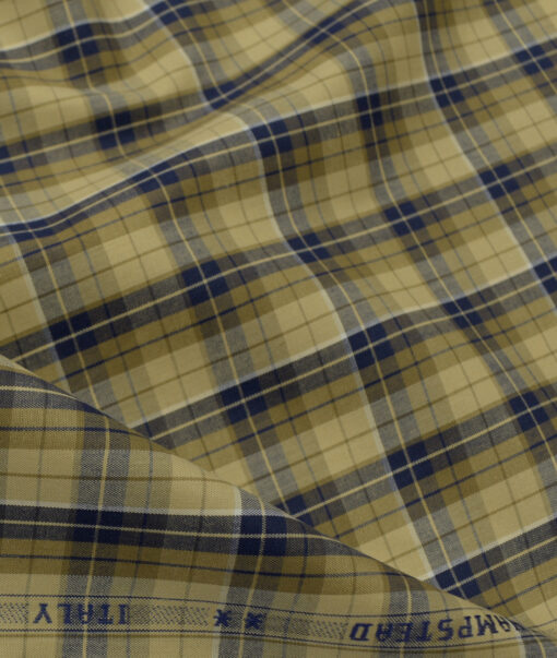 J.Hampstead Men's Giza Cotton Checks 2.25 Meter Unstitched Shirting Fabric (Beige & Blue)