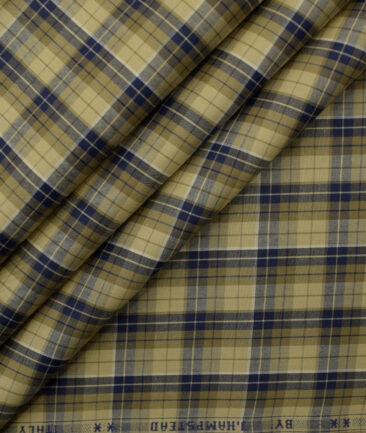 J.Hampstead Men's Giza Cotton Checks 2.25 Meter Unstitched Shirting Fabric (Beige & Blue)