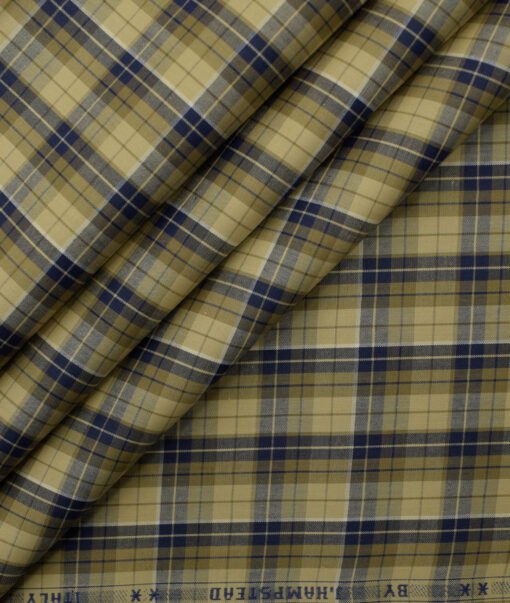 J.Hampstead Men's Giza Cotton Checks 2.25 Meter Unstitched Shirting Fabric (Beige & Blue)
